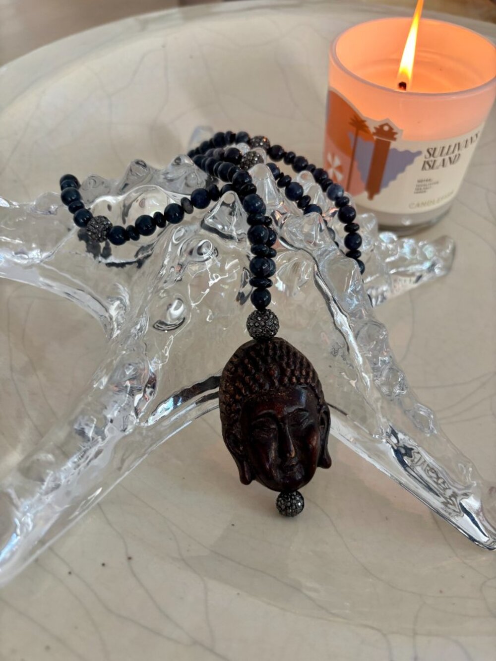 Calypso St. Barth x Hip Chick Navy Stone Buddha Bead Necklace Boho Statement